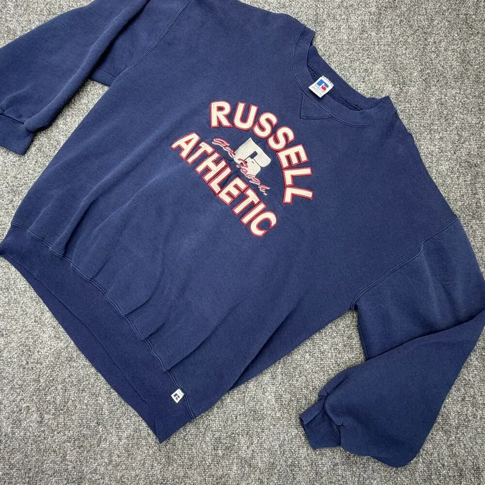 Vintage Russell Athletic Sweatshirt Mens XXL Navy Made USA Spellout Crewneck